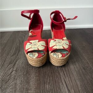 Tory Burch Red Floral Platform Espadrille Sandals with Ankle Strap